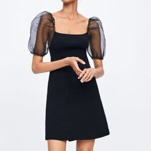New ZARA SHEER BLACK KNIT DRESS WITH PUFF SLEEVES Size Large